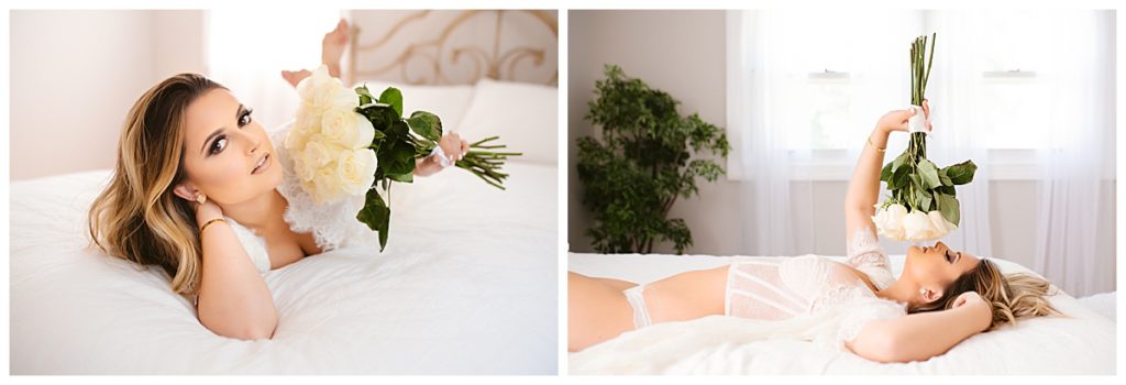 bride in bed with white roses